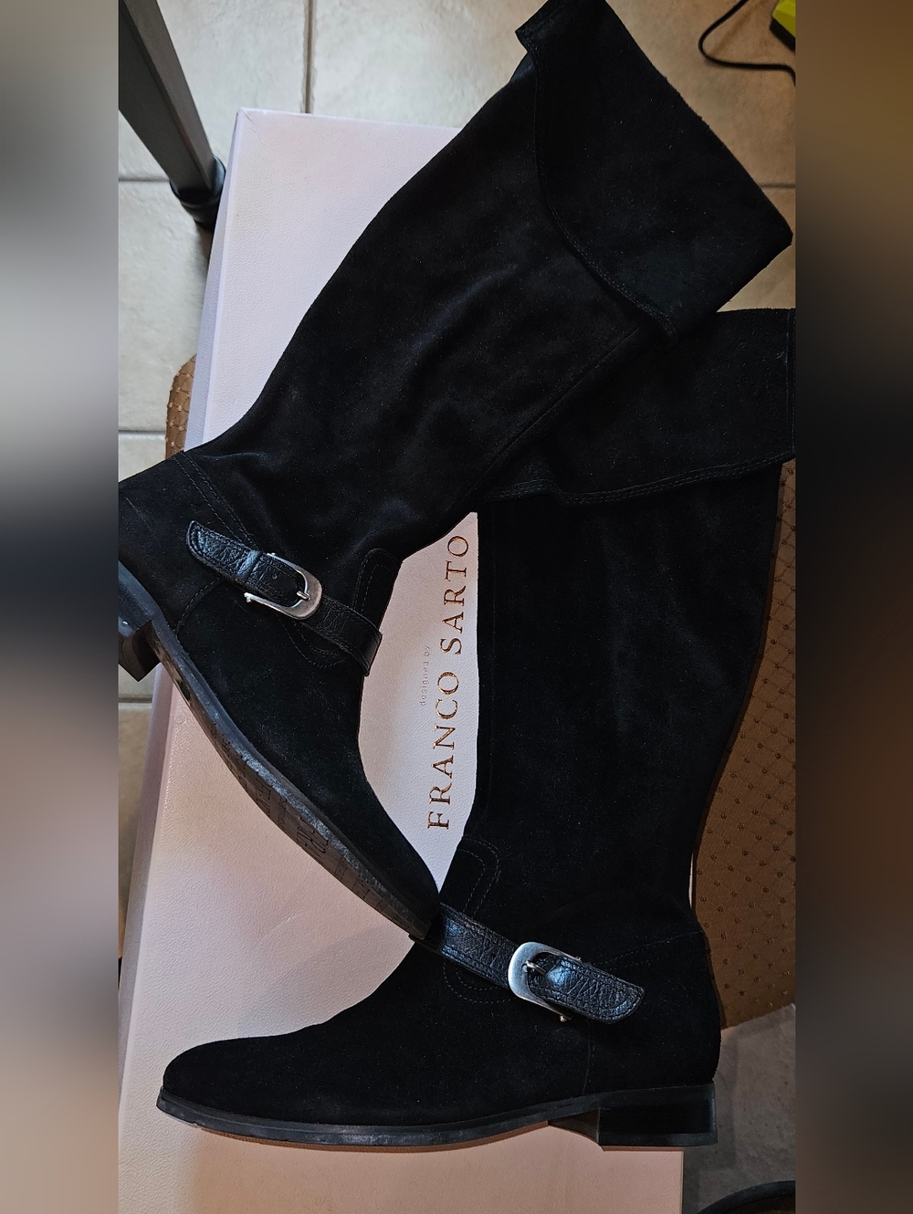Franco Sarto Black Suede Over-the-Knee Boots with Buckle